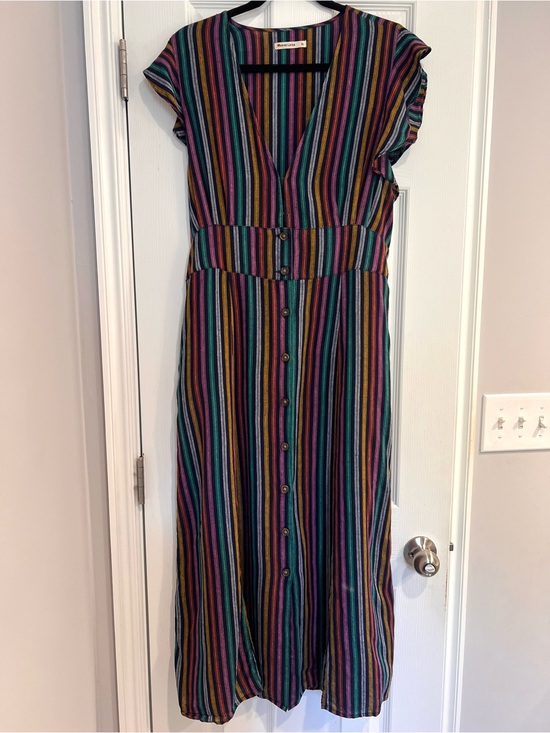 Marine Layer Dresses & Skirts - Marine Layer Linen Midi Multicolor Stripe Button-Front Plunging Women’s Dress